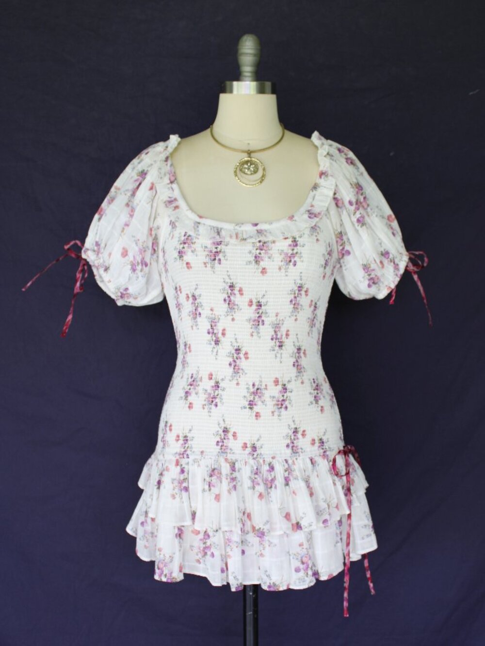 LoveShackFancy X AERIN Violet Smocked floral Puff Sleeve ruffle Mini tunic Dress - Picture 7 of 12